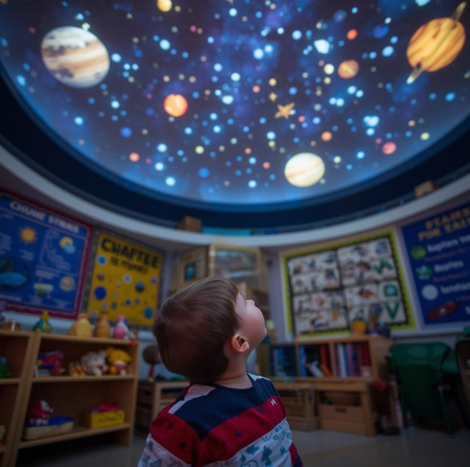Child gazing at planetarium in STEAM lab.