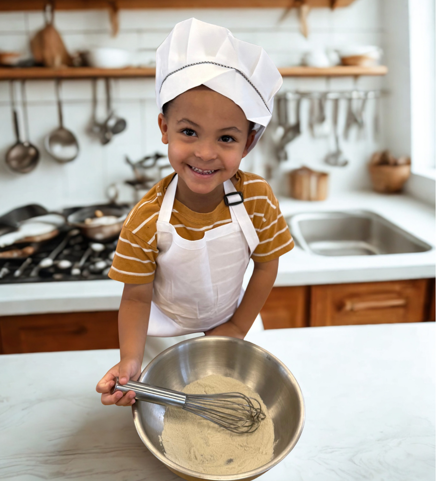 Child with a mixing bowl in the kitchen