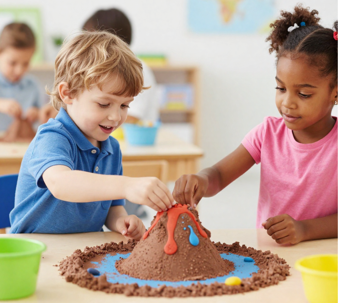 Preschoolers making a volcano